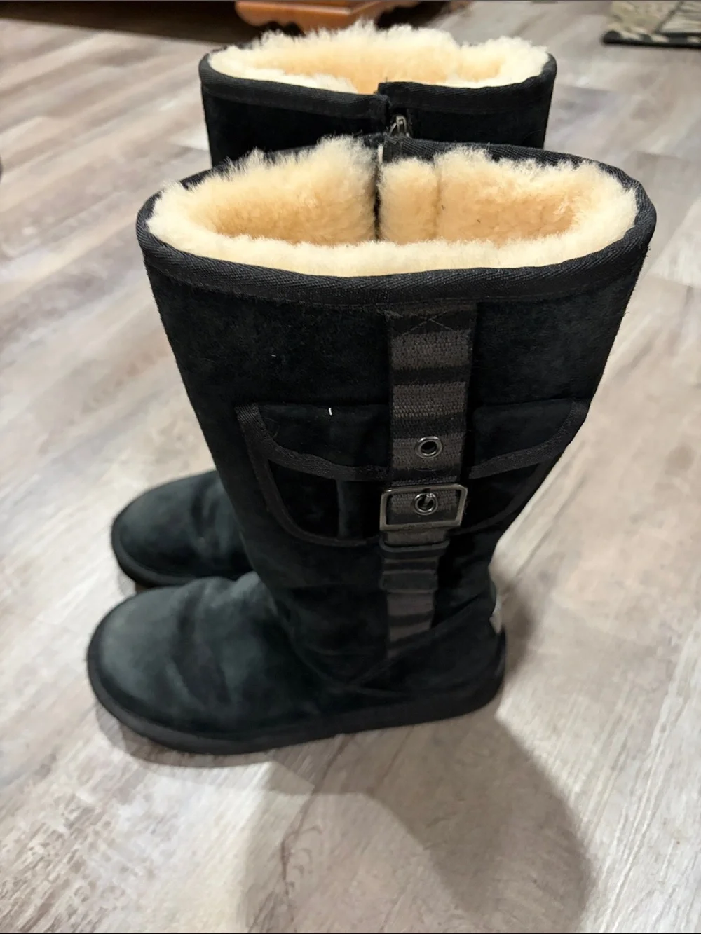UGG Black Tall Black Leather Suede Boots with Sheepskin Lining